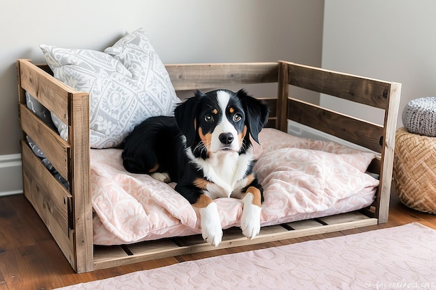 Hüttenbett aus Holzkiste mit gemütlicher Bettwäsche