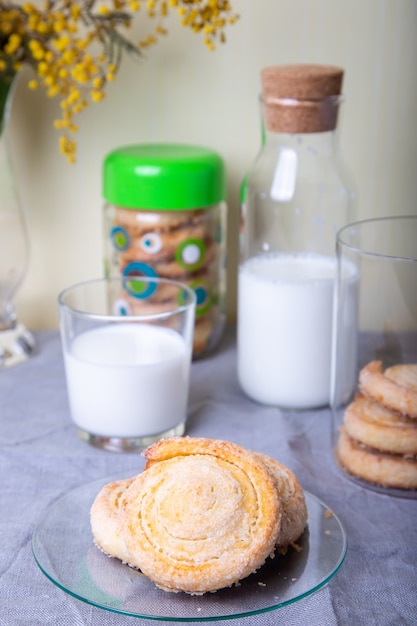 Hüttenkäse hausgemachter Keks in Zucker mit Milch. Selektiver Fokus, Nahaufnahme.