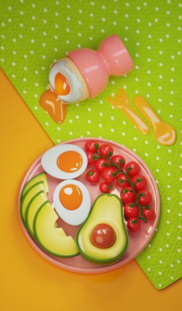 Huevera con huevos de gallina hervidos, plato con tomates cherry, aguacate picado, la mitad con hoyo