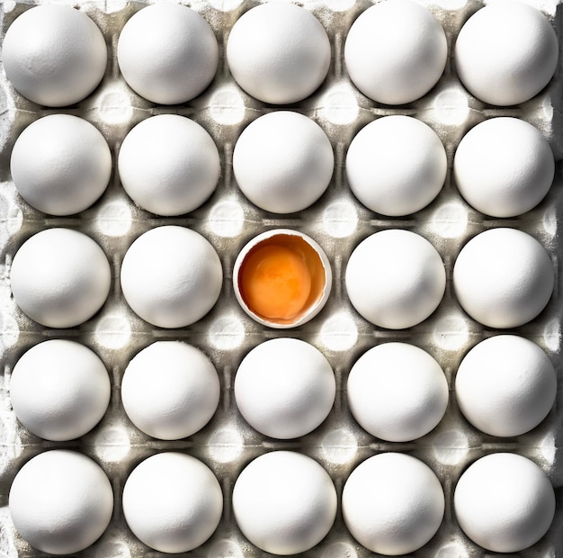 El huevo abierto con la yema se destaca de la multitud de huevos blancos Lay Flat Top Down Abstract Patter food Image
