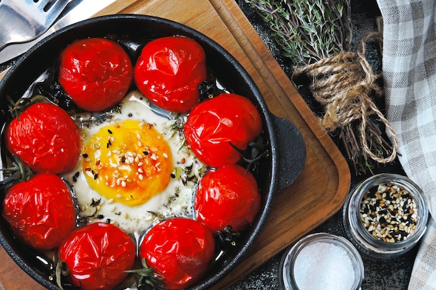 Huevo al horno con tomates cherry en una sartén de hierro fundido