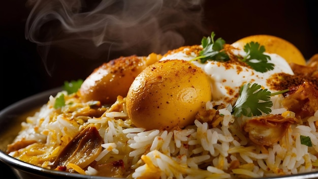 Foto huevo biryani arroz basmati cocinado con masala huevos asados y especias y servido con yogur selec