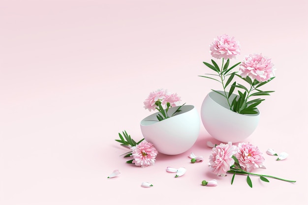 Huevo blanco con flores en el interior sobre un fondo rosa pastel Concepto minimalista creativo de Pascua
