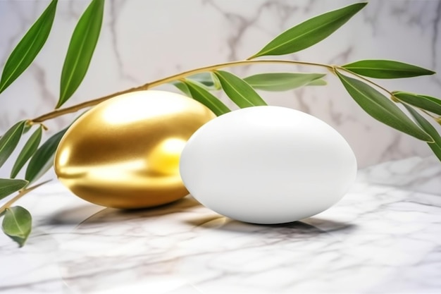 Un huevo blanco y un huevo dorado en un mostrador de mármol