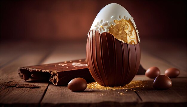 Un huevo de chocolate con una cáscara blanca y una barra de chocolate al fondo.