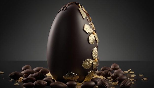 Foto huevo de chocolate negro con detalles dorados para pascua