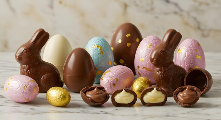 Huevo de chocolate de Pascua y conejitos