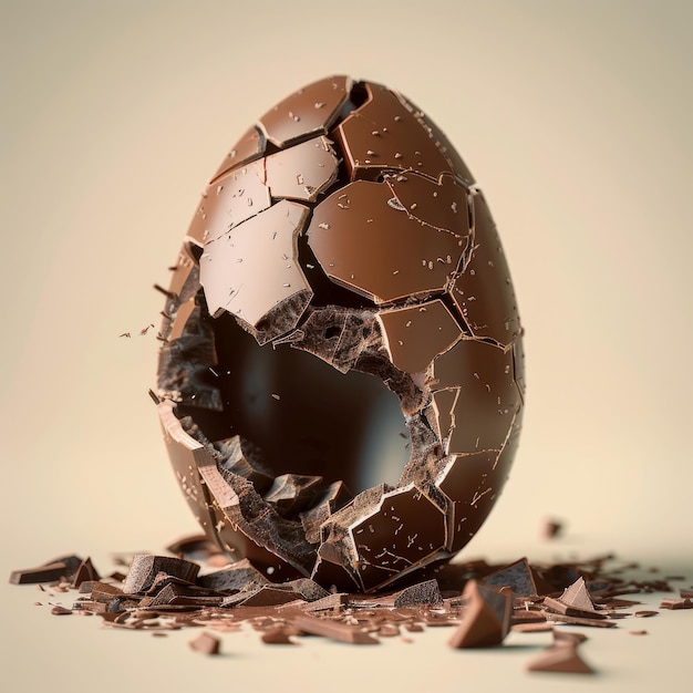 Huevo de chocolate roto, huevo de Pascua abierto, espacio de copia.