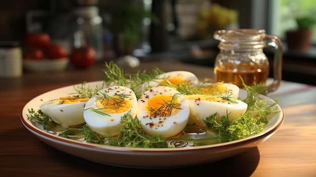 huevo cocido en rodajas en un plato con mesa de comedor