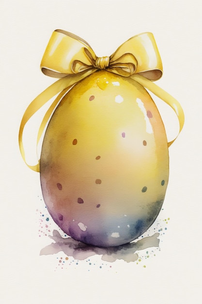 Un huevo colorido con un lazo amarillo.