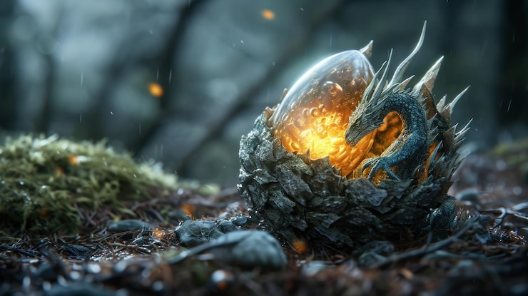 Foto huevo de dragón místico eclosionando en un mundo de fantasía generado por la ia