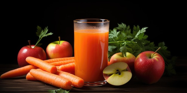 Huevo fresco y jugo de zanahoria con hierbas en un vaso sobre una mesa de madera IA generativa