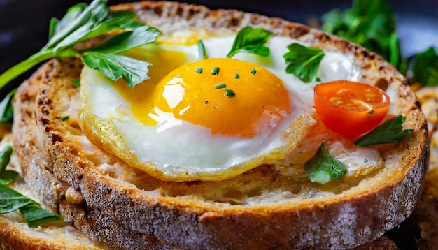 huevo frito con cebolla verde y tomate en pan crujiente tostada sabrosa para el desayuno comida deliciosa