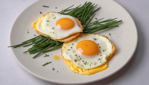 Huevo frito para el desayuno de tres huevos salpicados de hierba en un plato ligero