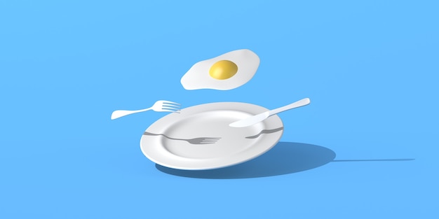 Huevo frito flotante con cubiertos. Copie el espacio. Ilustración 3D.