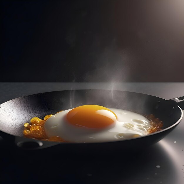 Huevo frito en una sartén sobre un fondo negro con humo