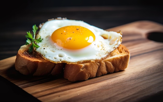 Un huevo frito sobre tostadas con una tabla de madera