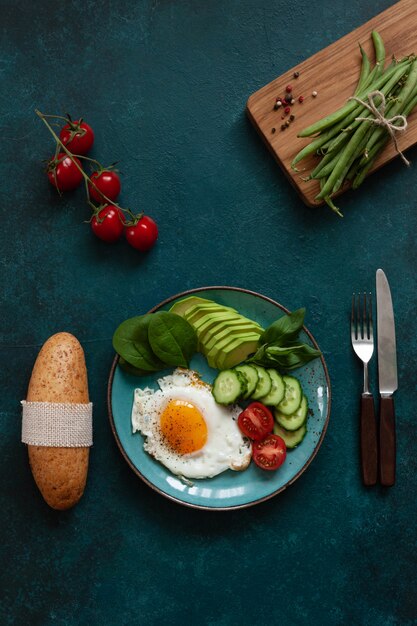 Huevo frito con las verduras frescas y el pan en fondo verde concreto.