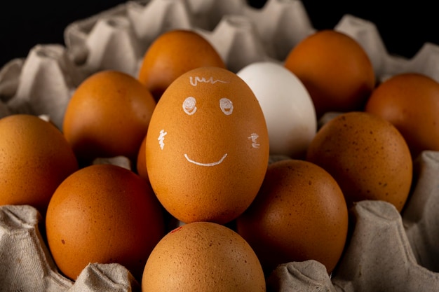 Un huevo marrón con una cara sonriente feliz