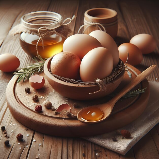 Foto huevo en una mesa de madera huevos en la mesa de madera marrón