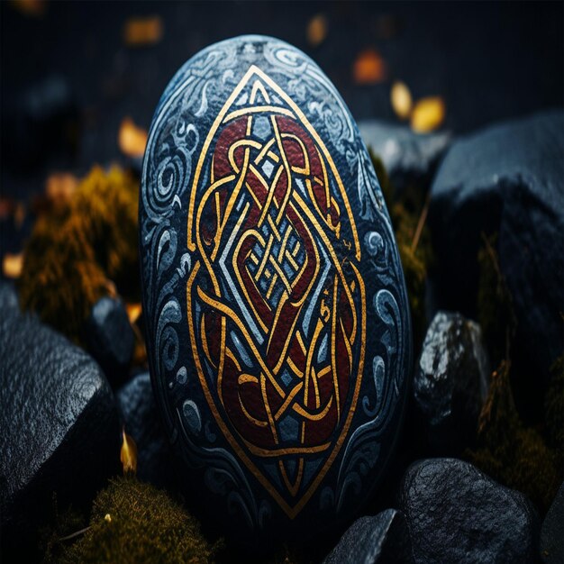 Foto un huevo negro con un diseño en él está rodeado de rocas