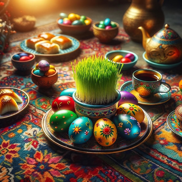 Huevo de Nowruz vibrante hierba de trigo alfombra persa