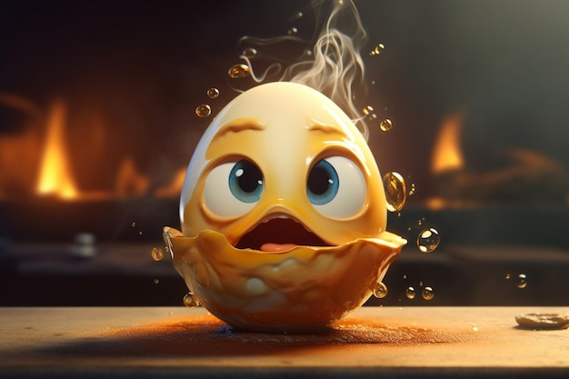 Un huevo con ojos y ojos está cubierto de humo y tiene ojos y una cara con ojos y nariz.