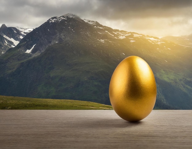 un huevo de oro está en la mesa frente a una montaña