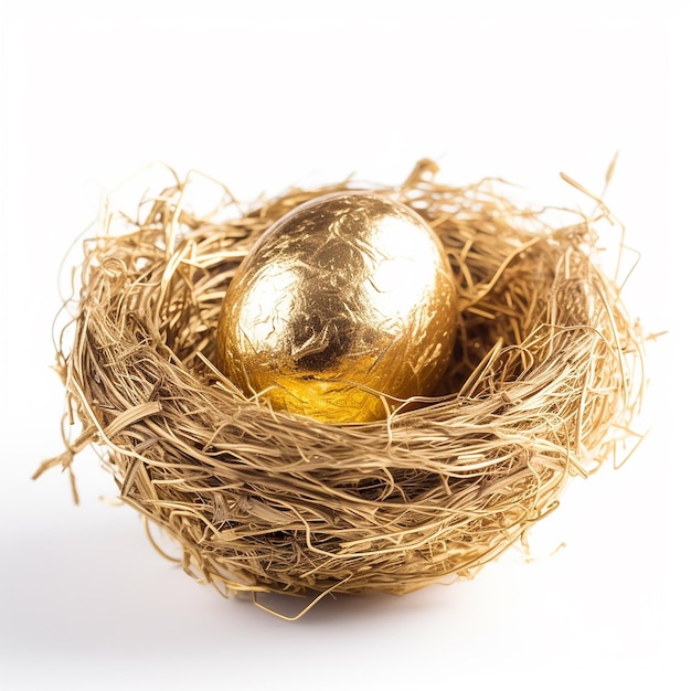 Un huevo de oro en un nido con una rama de árbol a un lado.