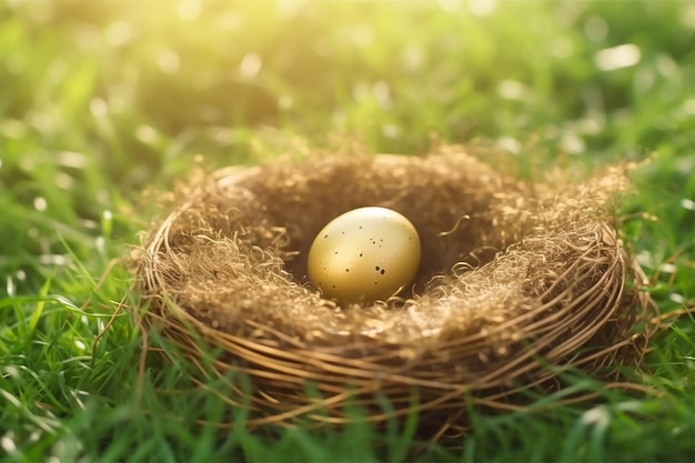 Un huevo de oro en un nido sobre un césped verde