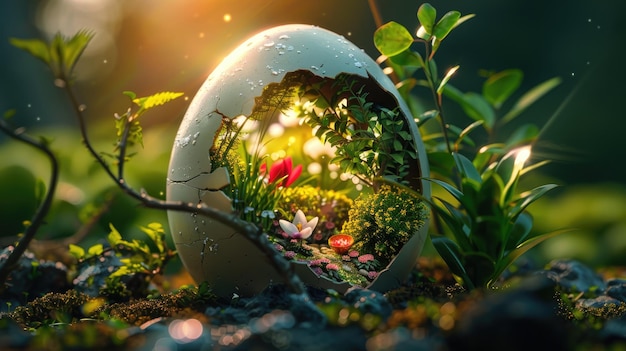El huevo de Pascua agrietado revela el mágico mundo del jardín en miniatura