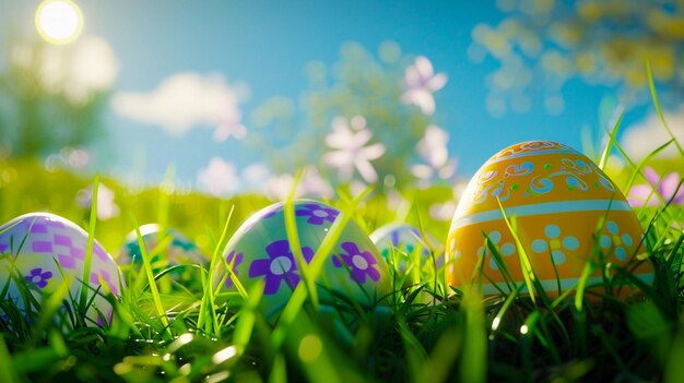 un huevo de Pascua amarillo y azul con un diseño azul y púrpura en el césped