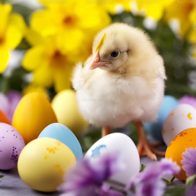 Un huevo de pascua amarillo y azul con un pollo amarillo.