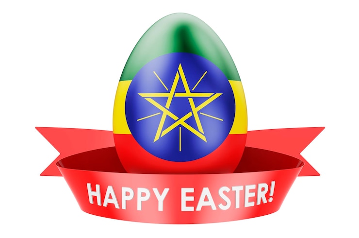 Foto huevo de pascua con bandera etíope feliz pascua en etiopía concepto renderización 3d aislado en fondo blanco