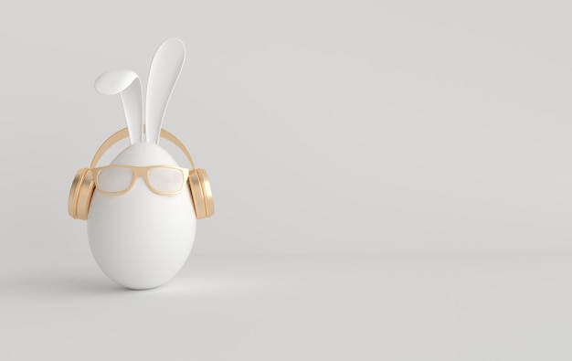 Huevo de Pascua blanco con gafas de orejas de conejo sobre fondo blanco Feliz Pascua gran caza o banner de venta