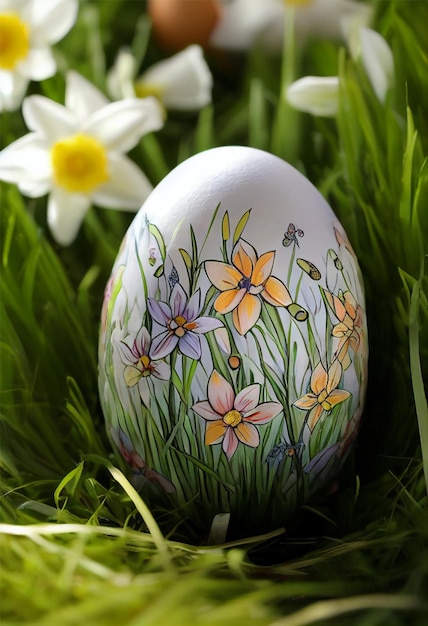 Huevo de Pascua en el campo de hierba verde Prado de primavera