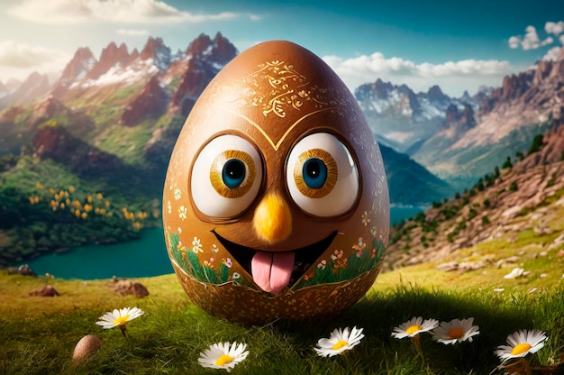 Huevo de Pascua con cara graciosa en la hierba con flores y montañas en el fondo