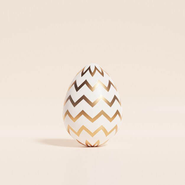 Huevo de Pascua con chevron dorado o patrón en zigzag en la pared beige, tarjeta de vacaciones de primavera de abril, ilustración 3D Render