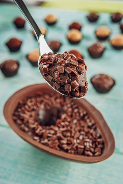 Huevo de pascua de chocolate brasileño con caramelo brasileño brigadeiro - Ovo de chocolate de colher