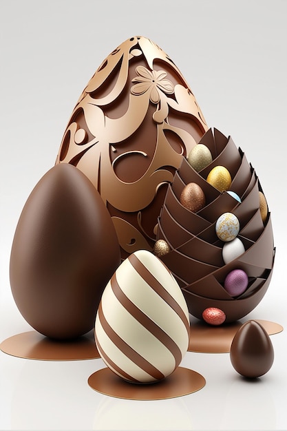 Foto un huevo de pascua de chocolate con chocolate y huevos de chocolate en un recipiente decorativo.