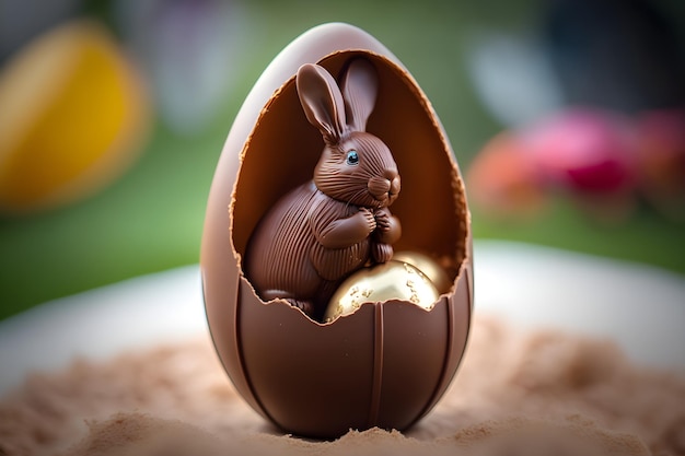 Un huevo de pascua de chocolate con un conejito adentro