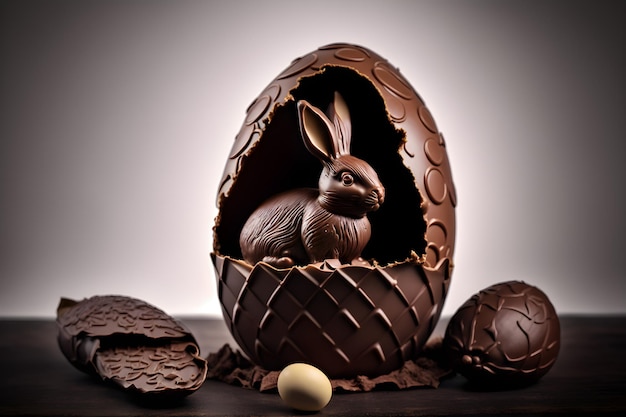 Un huevo de pascua de chocolate con un conejito adentro