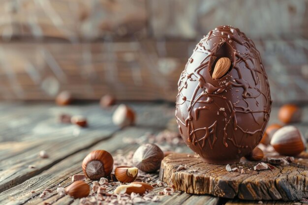 Foto huevo de pascua de chocolate relleno en una mesa de madera con avellanas