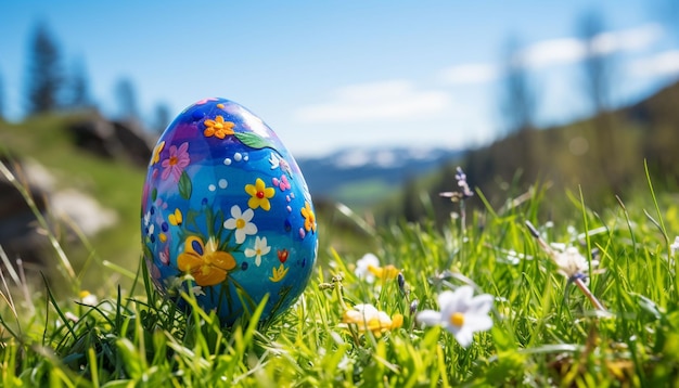 un huevo de Pascua colocado en el prado