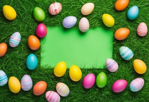 Foto huevo de pascua colorido en hierba verde con espacio de texto de copia