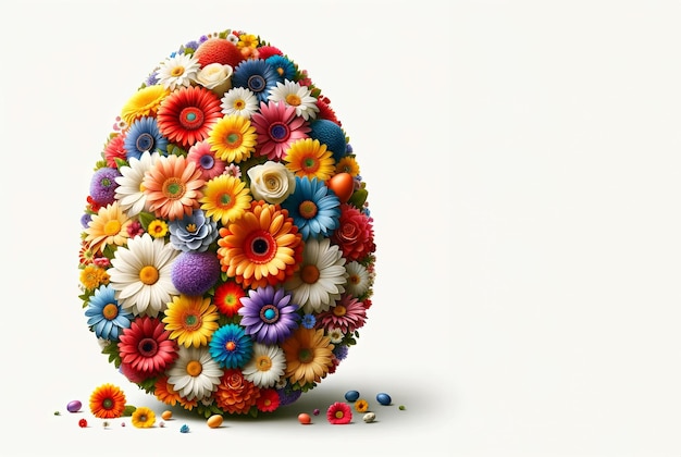 Huevo de Pascua creativo hecho de flores sobre fondo blanco