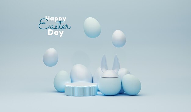 Huevo de Pascua creativo de podio de pantalla 3D sobre fondo azul pastel Huevos de Pascua con orejas de conejo