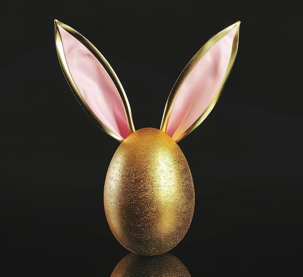 Un huevo de Pascua dorado con delicadas orejas de conejo rosas que simbolizan la celebración de la primavera y la renovación