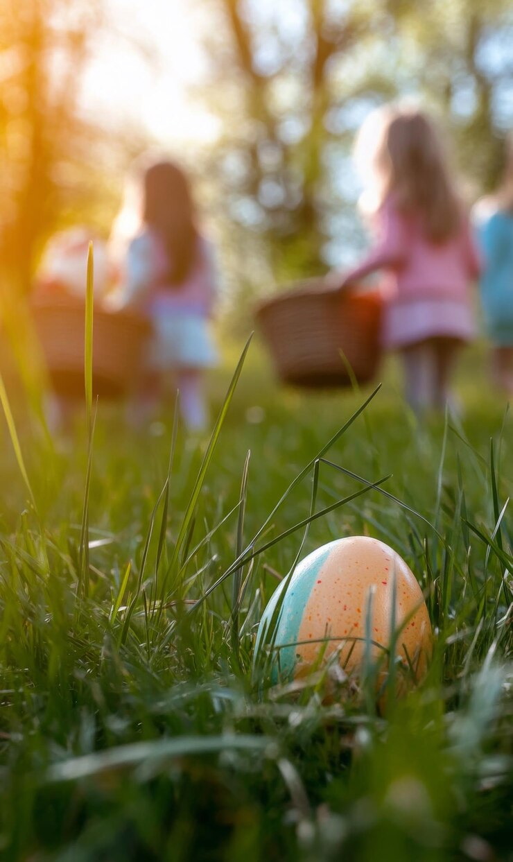 Un huevo de Pascua escondido anidado en la hierba verde alta en el foco con niños borrosos en trajes pastel sosteniendo cestas en el fondo iluminación suave de primavera