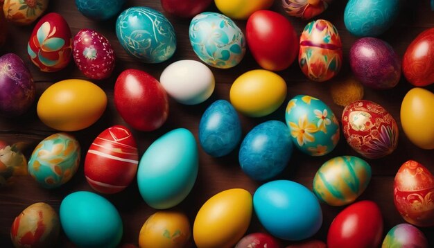 Foto huevo de pascua de fondo una toma de arriba hacia abajo llena de vibrantes huevos de pascua